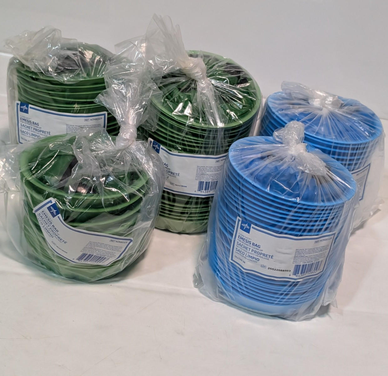 (106) Medline NON80328 Blue and NON80329 Green Emesis Bags for Sickness Clean Up