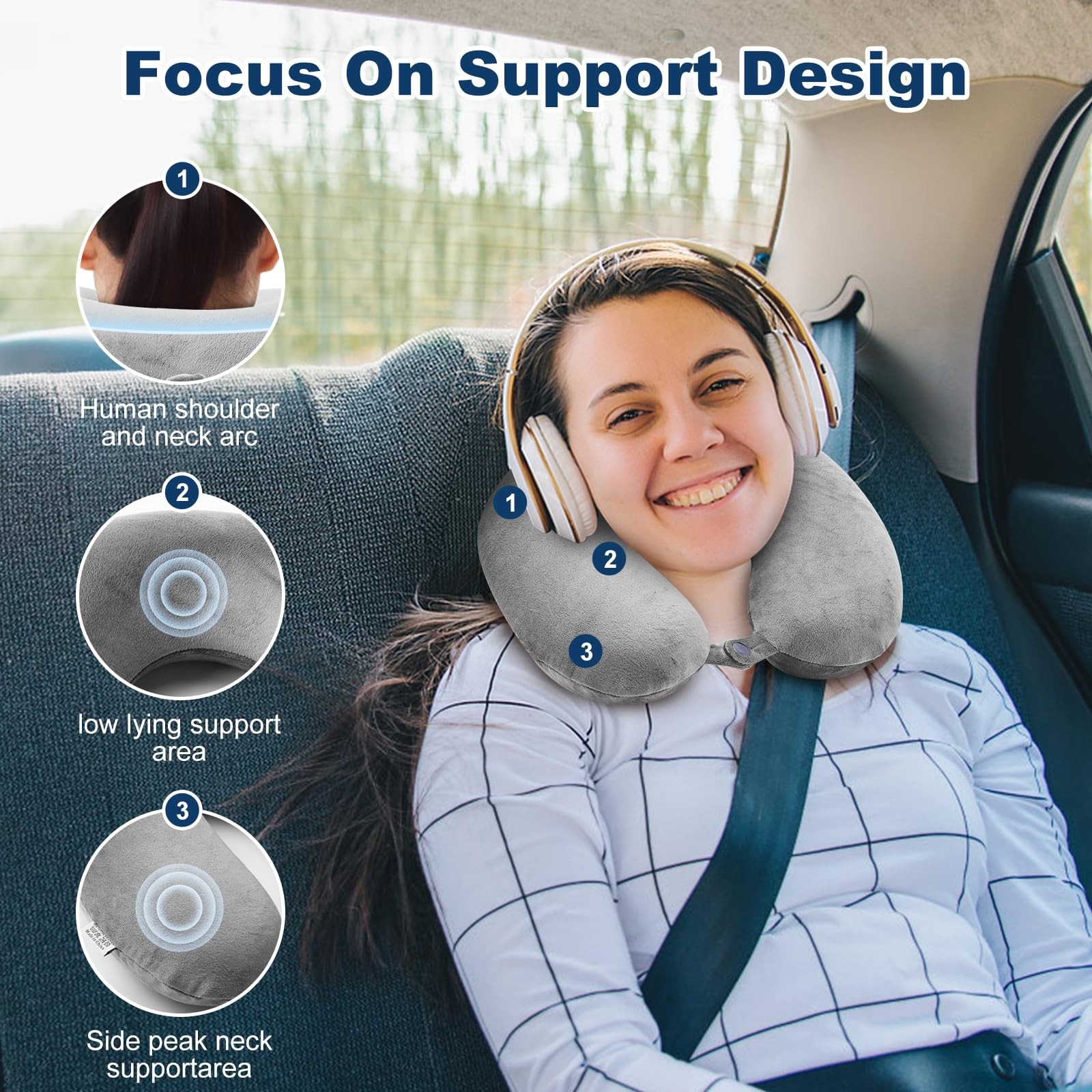 GDEOUP Travel Pillow 100% Pure Comfortable U Shape Memory Foam 30x30cm, Grey
