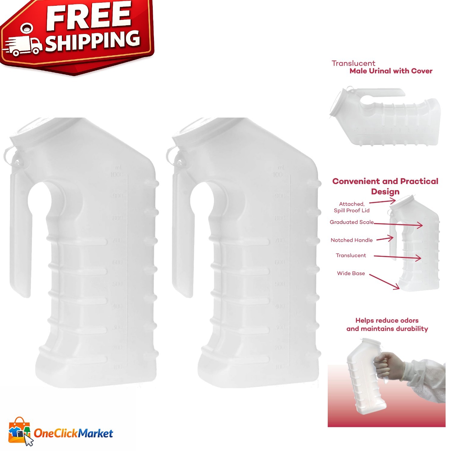 Portable Male Urinal with Cover – Odor Shield & Spill-Proof Design, 2 Pack