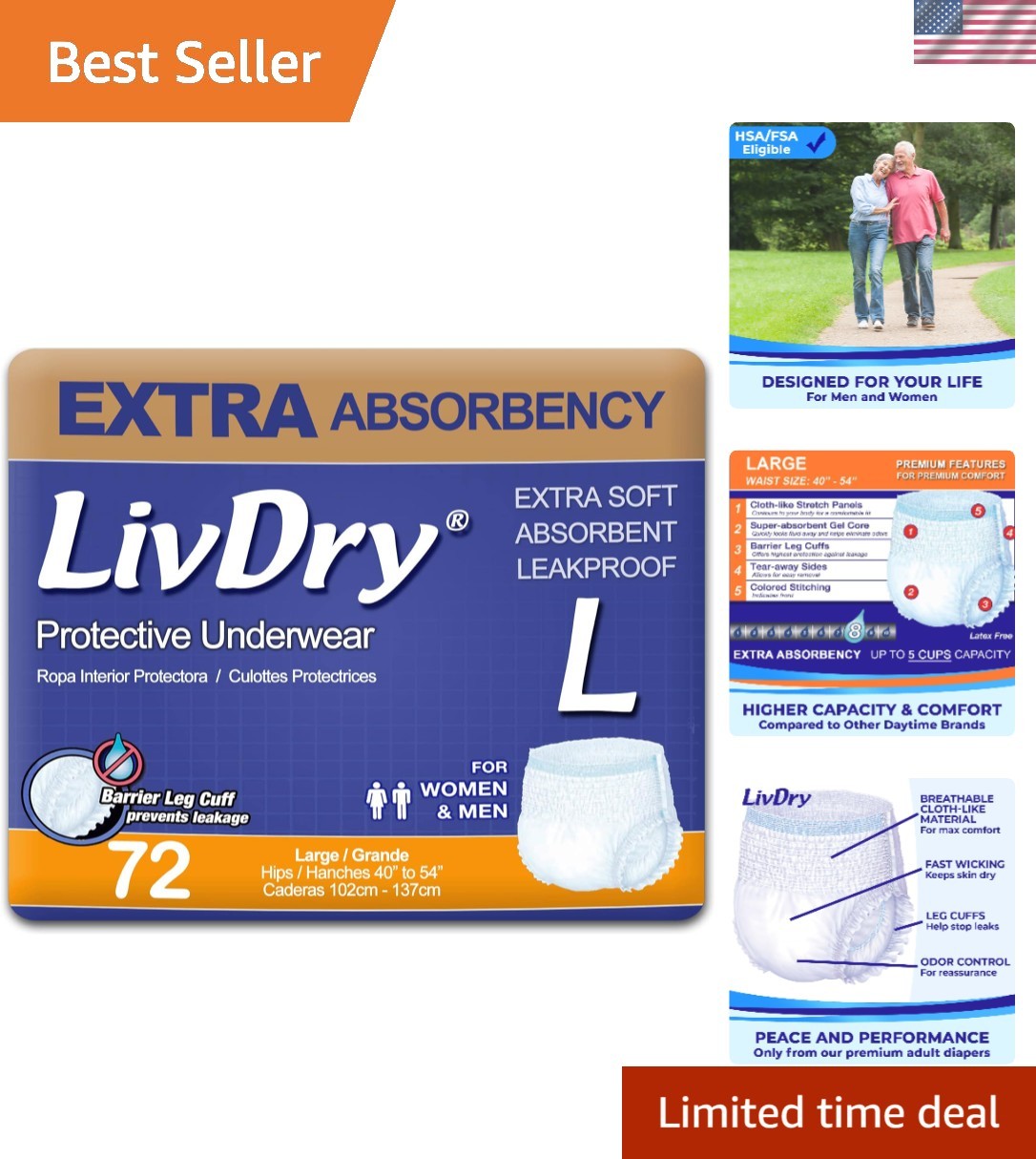 Super Absorbent Disposable Underwear for Adults – Leak Protection, Large 72-Pack
