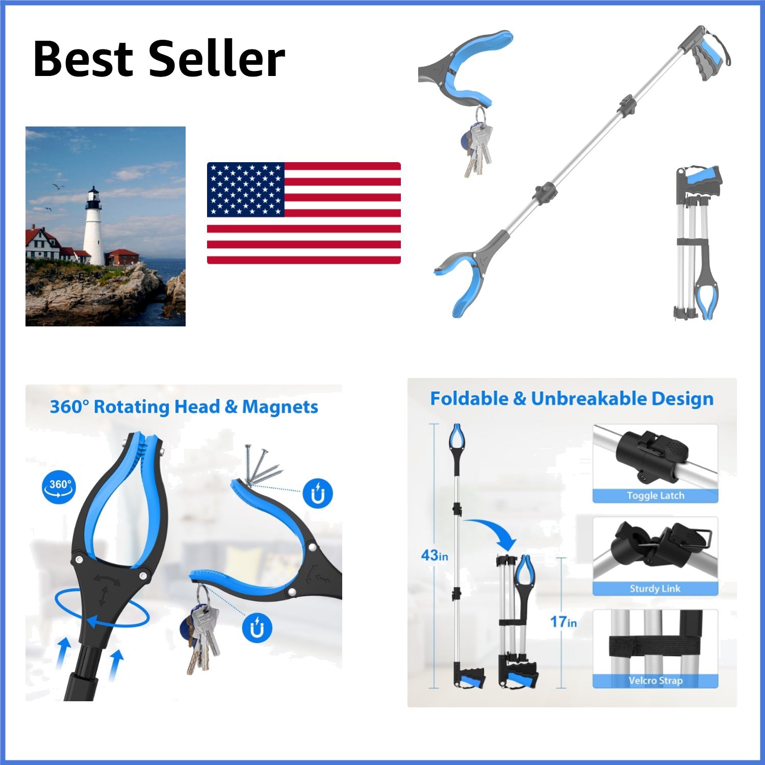 43″ Grabber Reacher Tool Foldable Extension Grabber for Seniors Blue | 360° R…