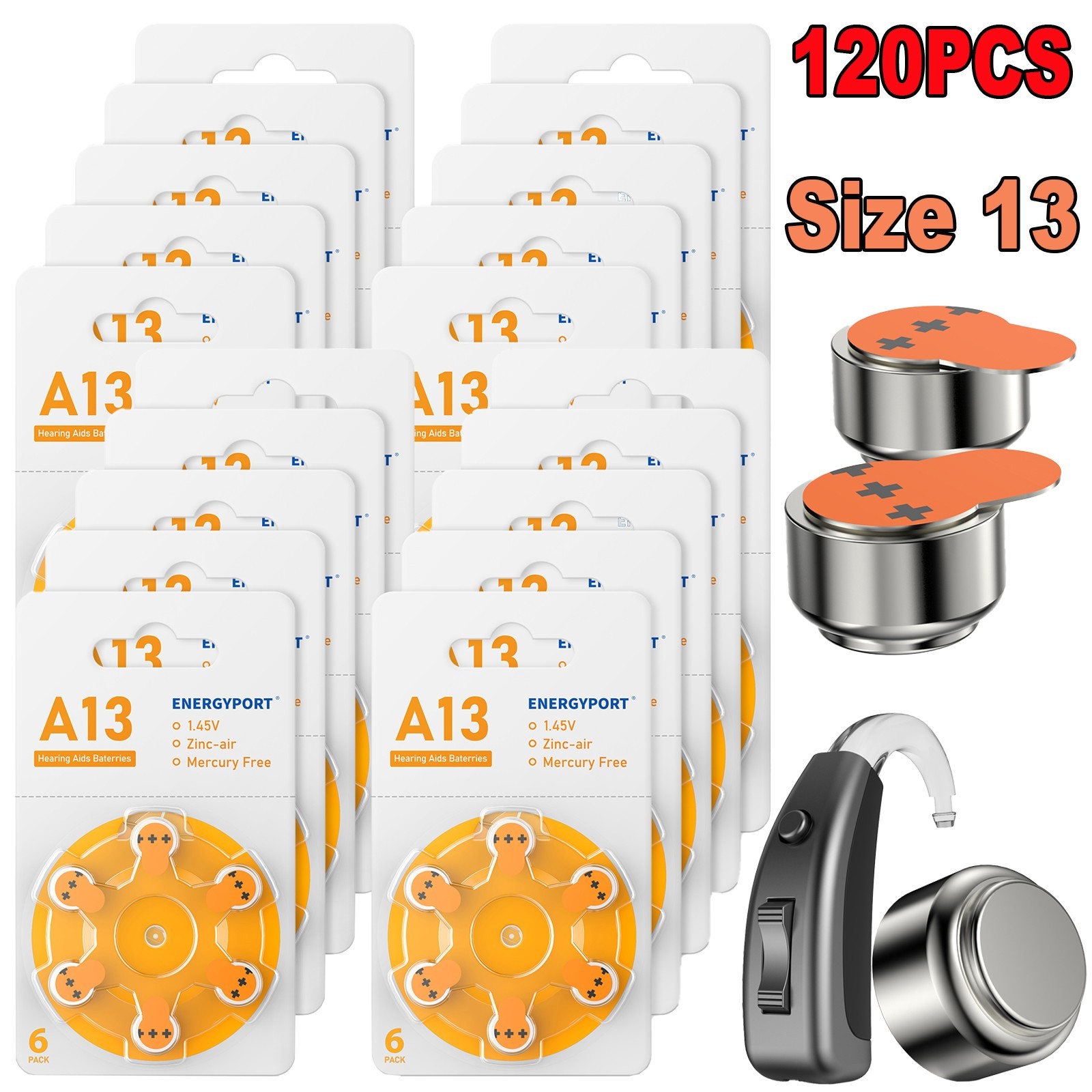 120Pcs ENERGYPORT 13 Size 13 Hearing aid Batteries 1.45V Zinc air Mercury Free