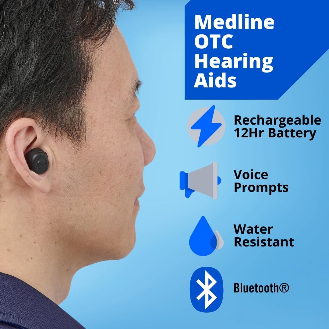 Medline Rechargeable OTC Hearing Aids in-Ear 4 Modes 20hr Battery Life Bluetooth