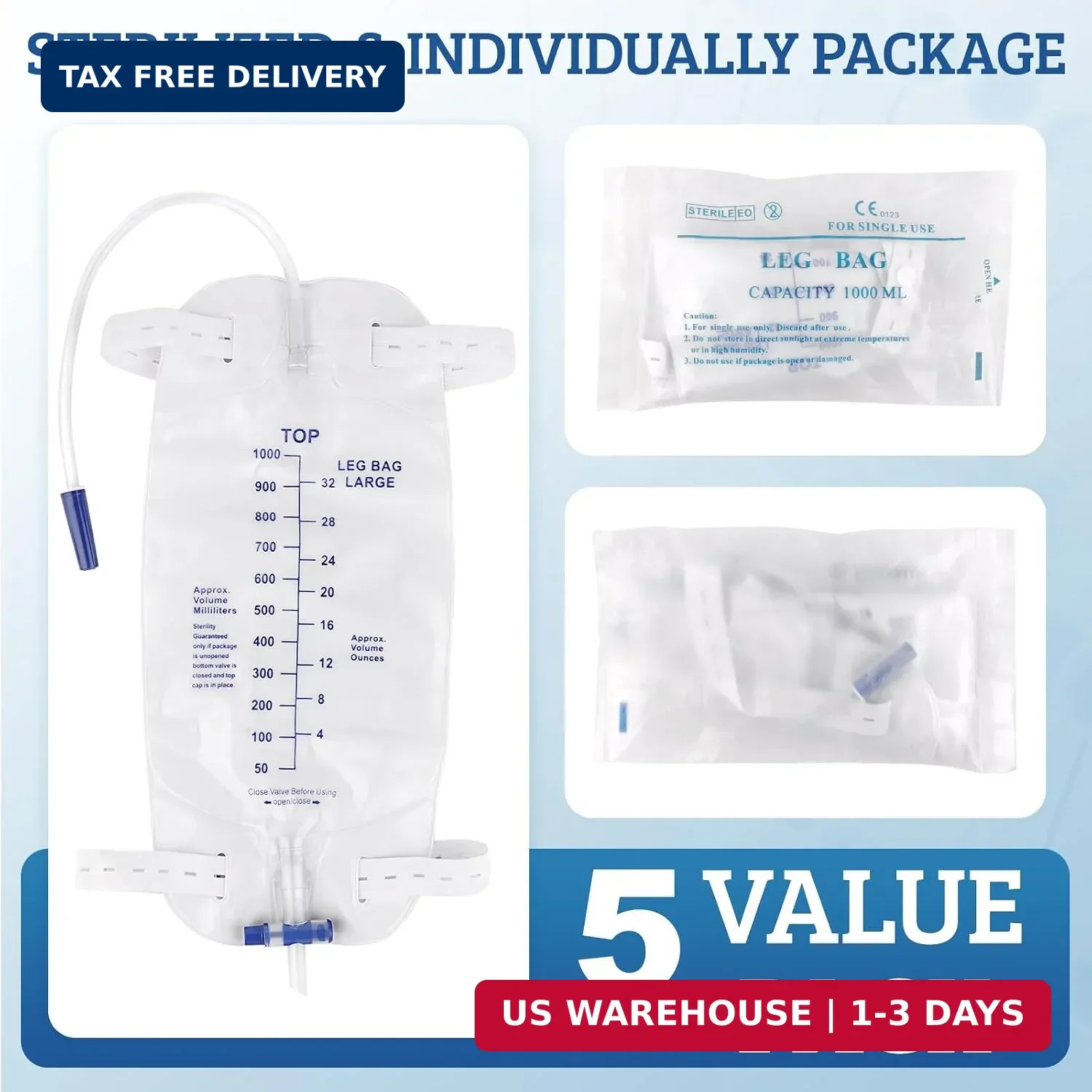 5 Pack 1000ml Sterile Leg Urinary Drainage Bags with 2 Adjustable Elastic Straps