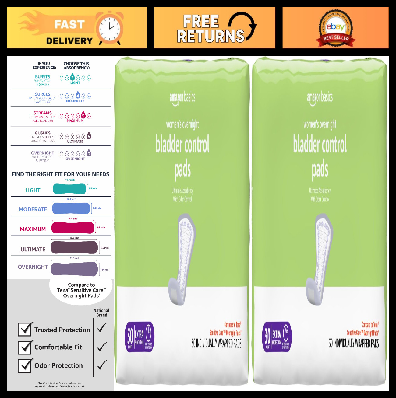 Incontinence Pads for Women, Postpartum & Bladder Control, Overnight Absorbency,