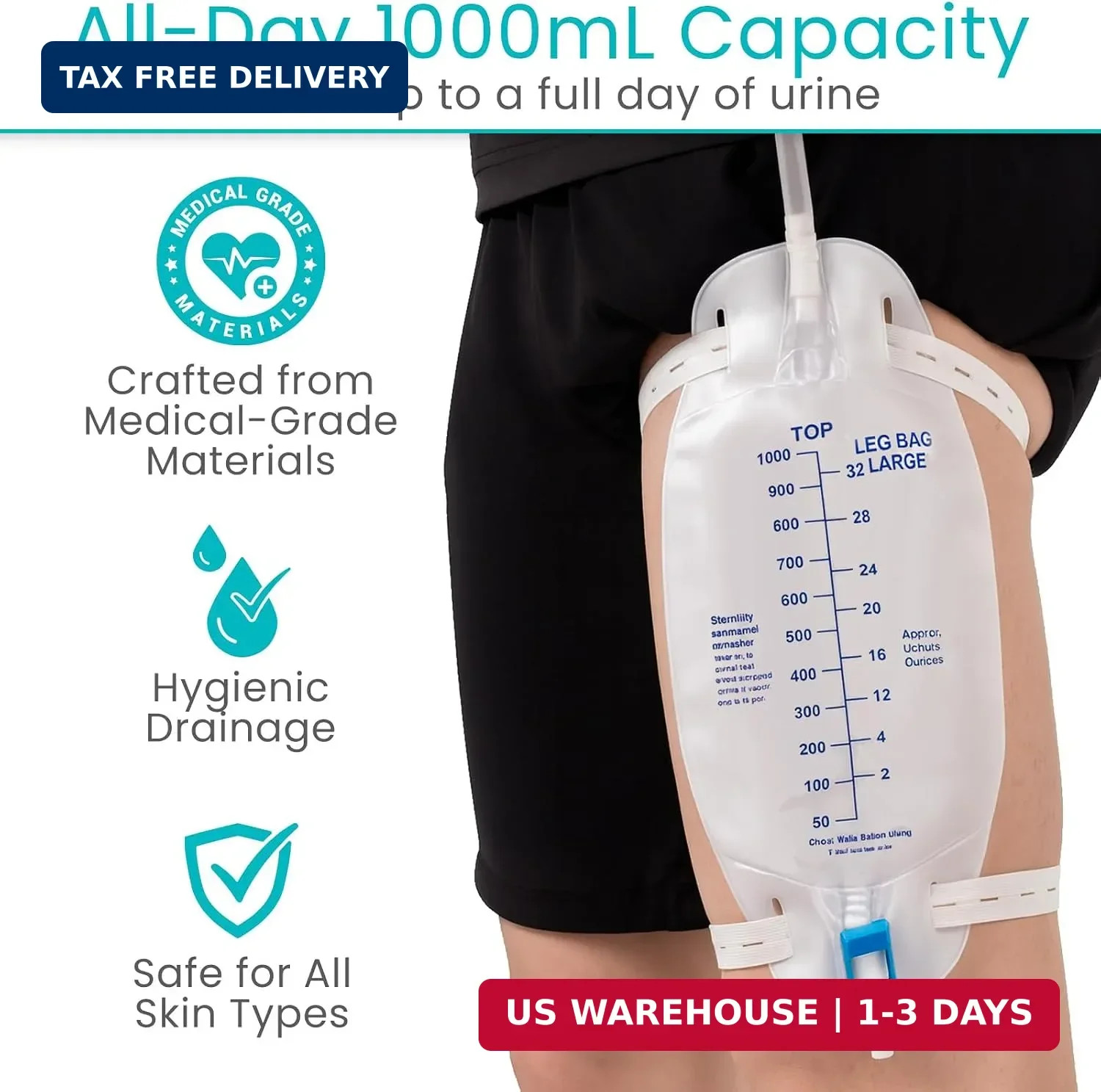 Vive Foley Catheter Leg Bag w/Easy-Tap 18″ Tube – Urinary Drainage Bag, 1000mL,