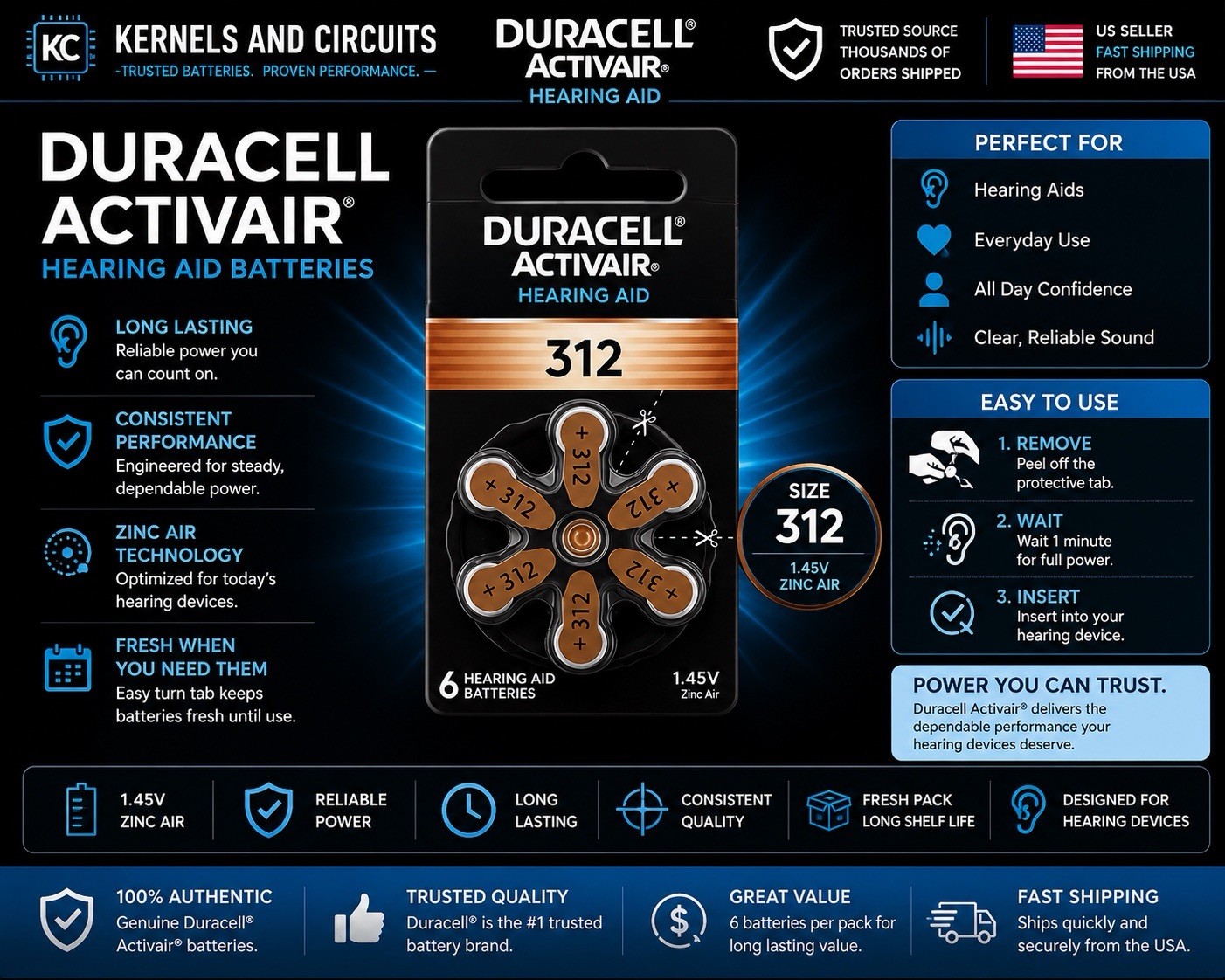 Duracell Activair Hearing Aid Batteries Size 312 6-pack Zinc Air Exp 10/2029