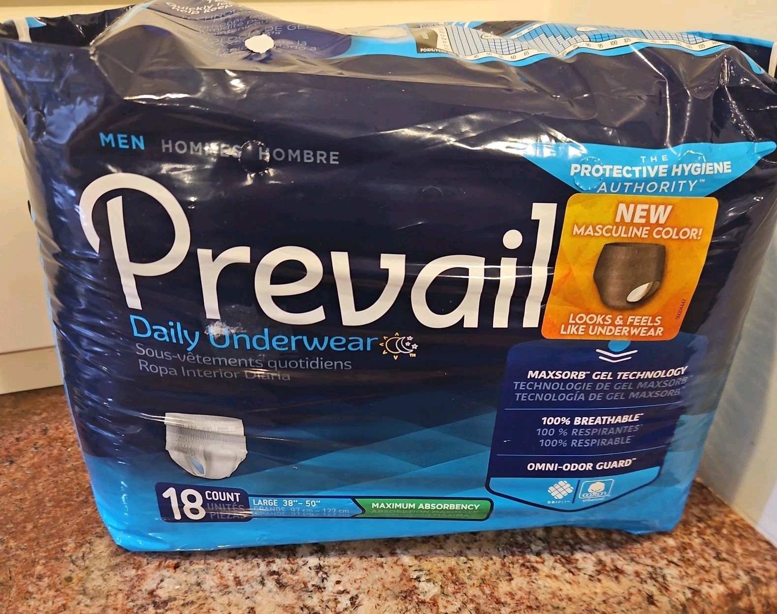 Prevail Mens Maximum Absorbency Daily Underwear Size 38″-50″ Lg. 18 Count Pack!