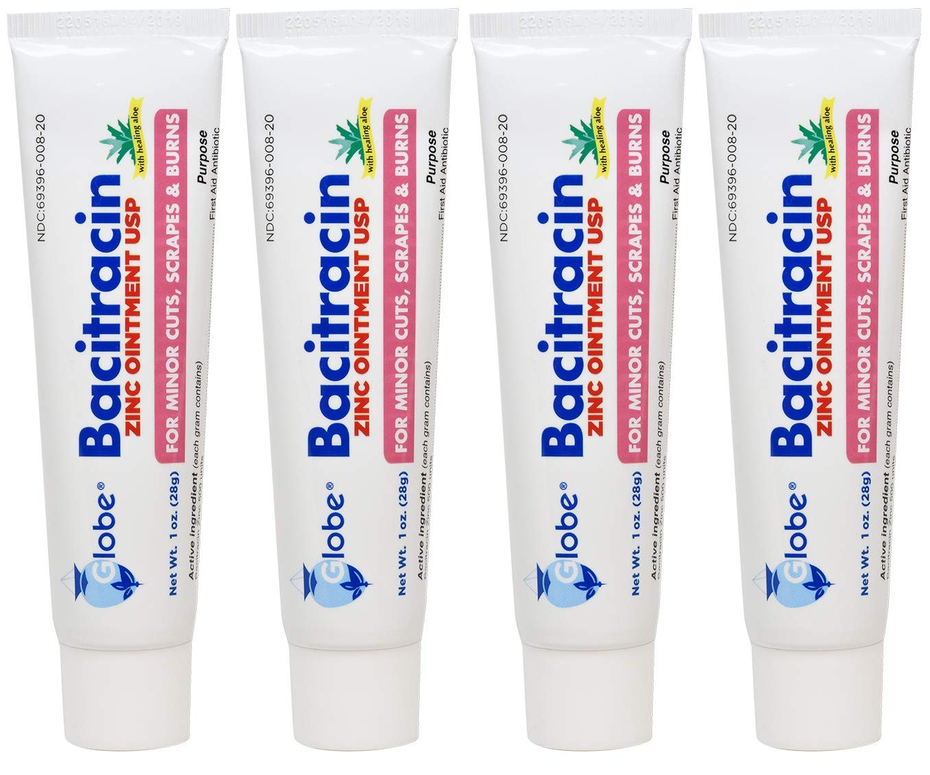 (4 Pack) Globe Bacitracin Zinc Ointment + Aloe 1oz, Antibiotic Clear