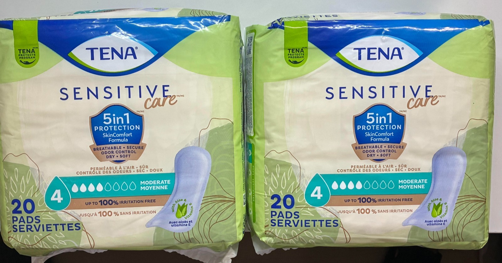 2 X Tena Sensitive Care #4 Moderate Absorbency Incontinence Pads 20 EA 40 Total