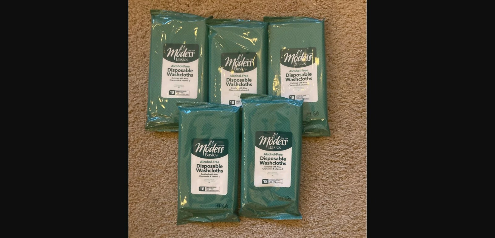 NEW! 5 Pack Large 12×8 Modess Basics Disposable Washcloths, 18 Ct Each, 90 Total