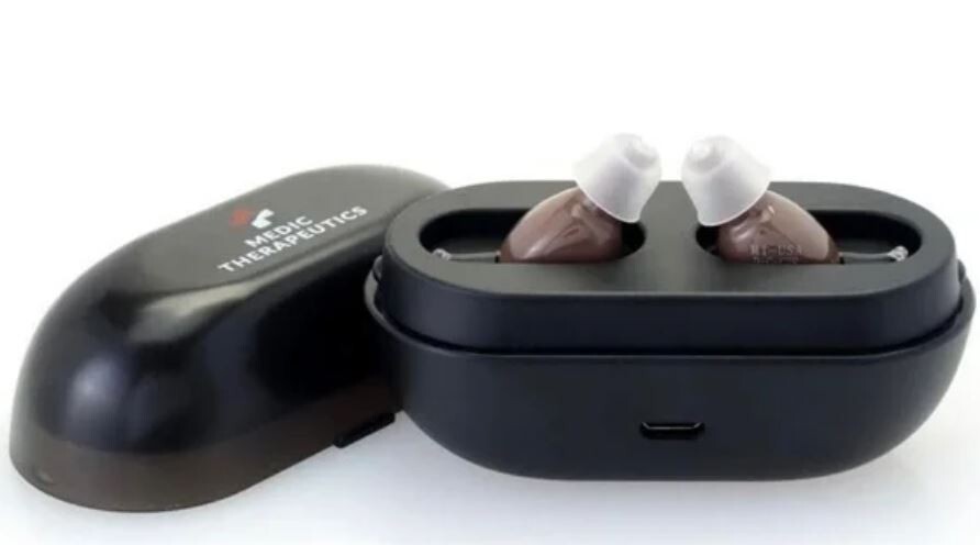 Medic Therapeutics Hearing Aid with Rechargeable Carrying Case (Dark Brown )