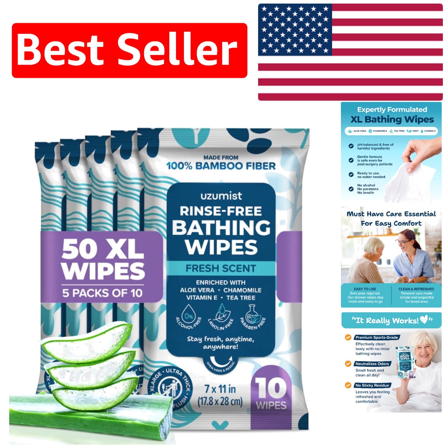 Portable 50 PC Body Wipes for Adults – Ultra Thick, Gentle & Deodorizing Cleanse