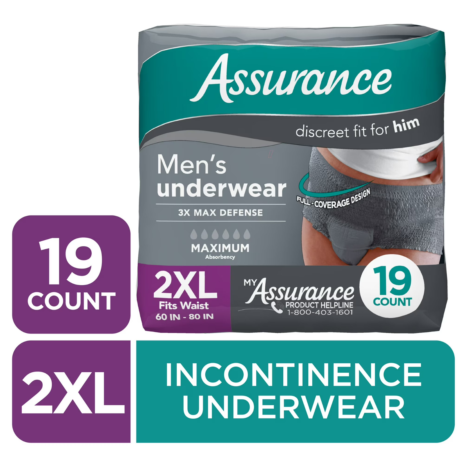 Assurance Men’s Incontinence Underwear, XXL , Maximum Absorbency (19 Count)