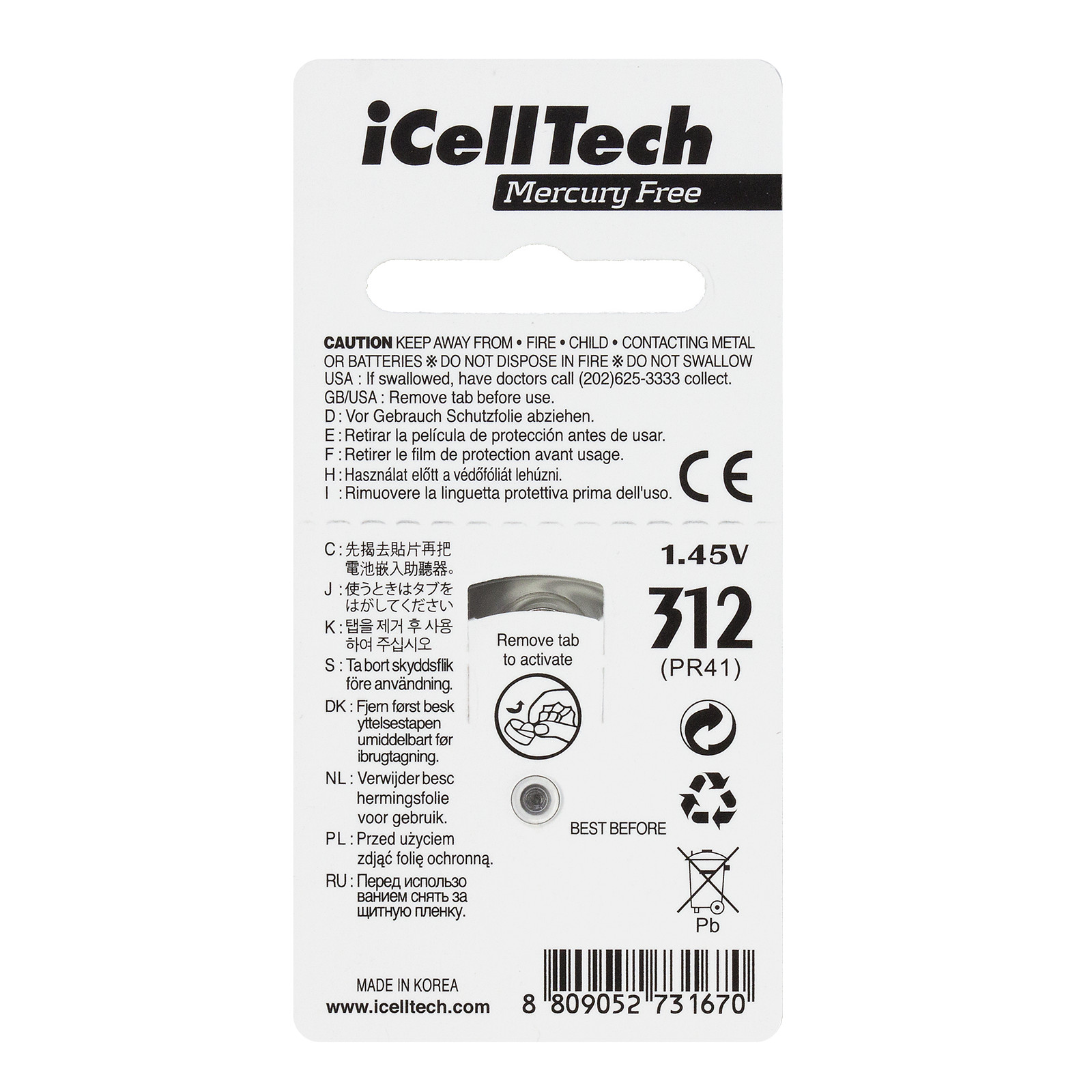 iCellTech Size 312 PR41 P312 MF Zinc Air Hearing Aid Batteries (60 Pack)