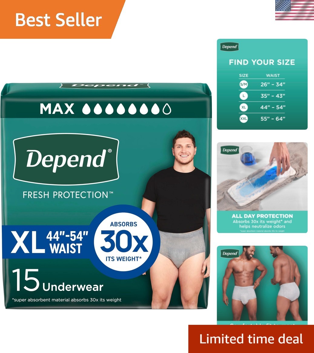 Disposable Incontinence Underwear for Men – Super Absorbent, Grey XL, 15 Count