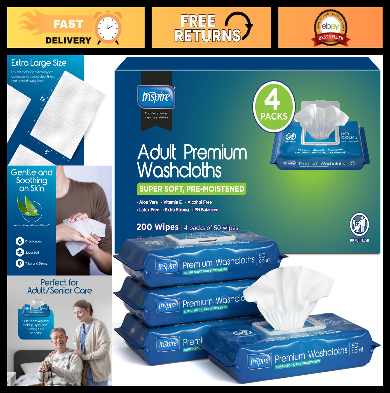 Adult Wet Wipes for Incontinence & Cleansing | 200 Count Wash Cloths 8″x12