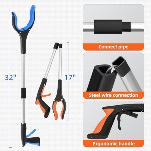 2-Pack 32″Grabber Reacher Tool,Foldable Reacher Grabber Pickup Tool Orange/Blue