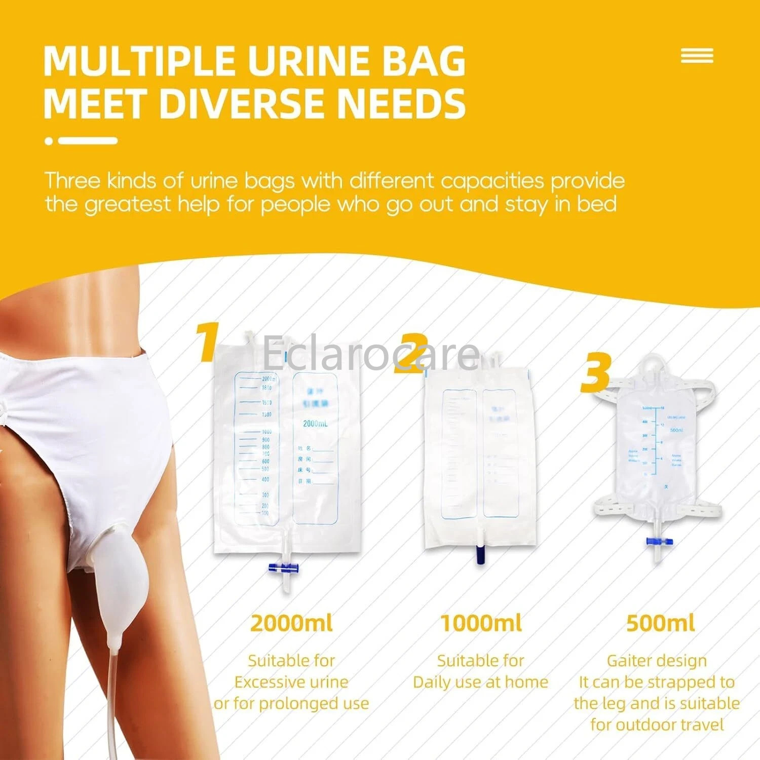 2000ml 1000ml 500ml Men Wearable Urinal Reusable Protable Silicone Urine Leg Bag