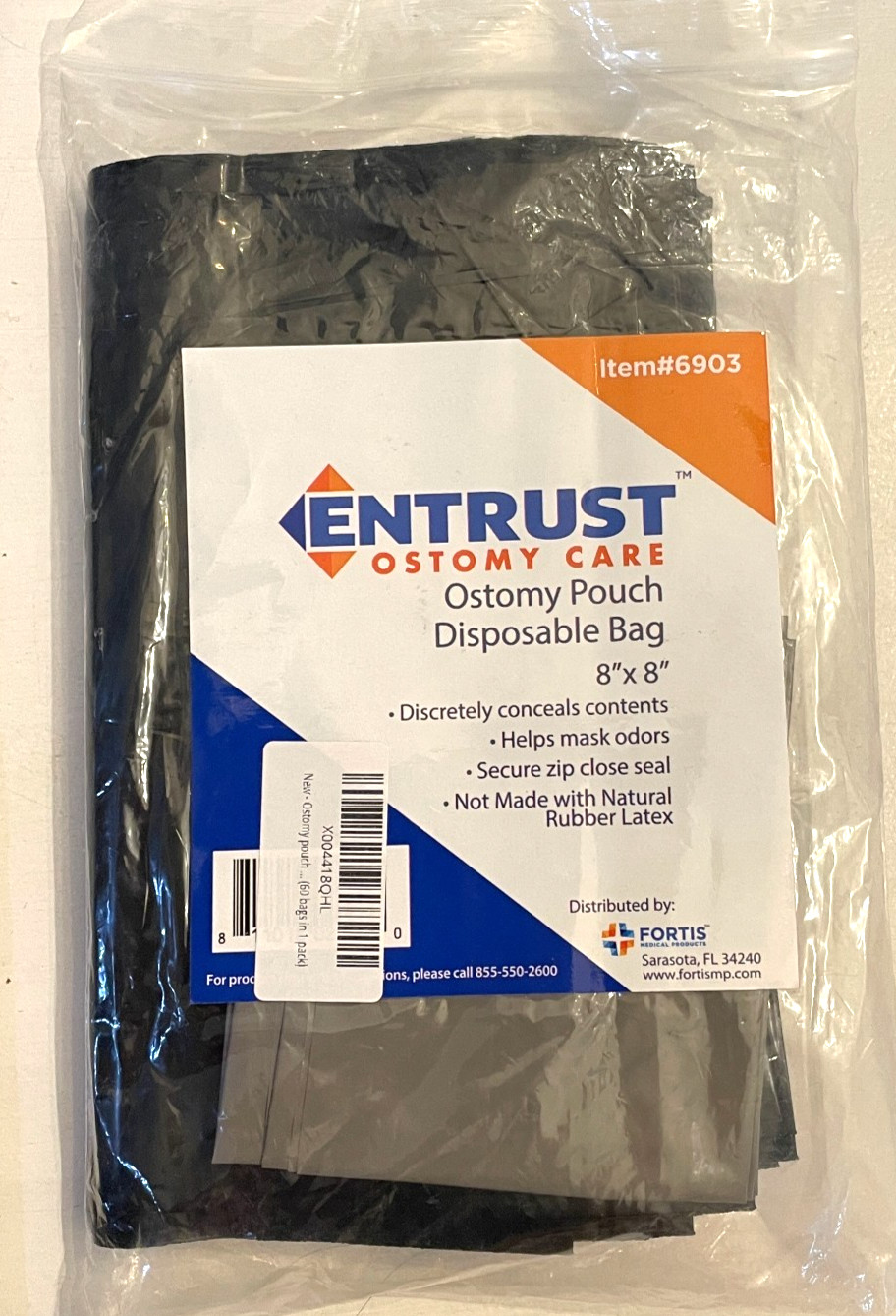 Fortis Entrust 6903 Ostomy Care Pouch Disposable Black Trash Bags 8×8″ Zip Seal