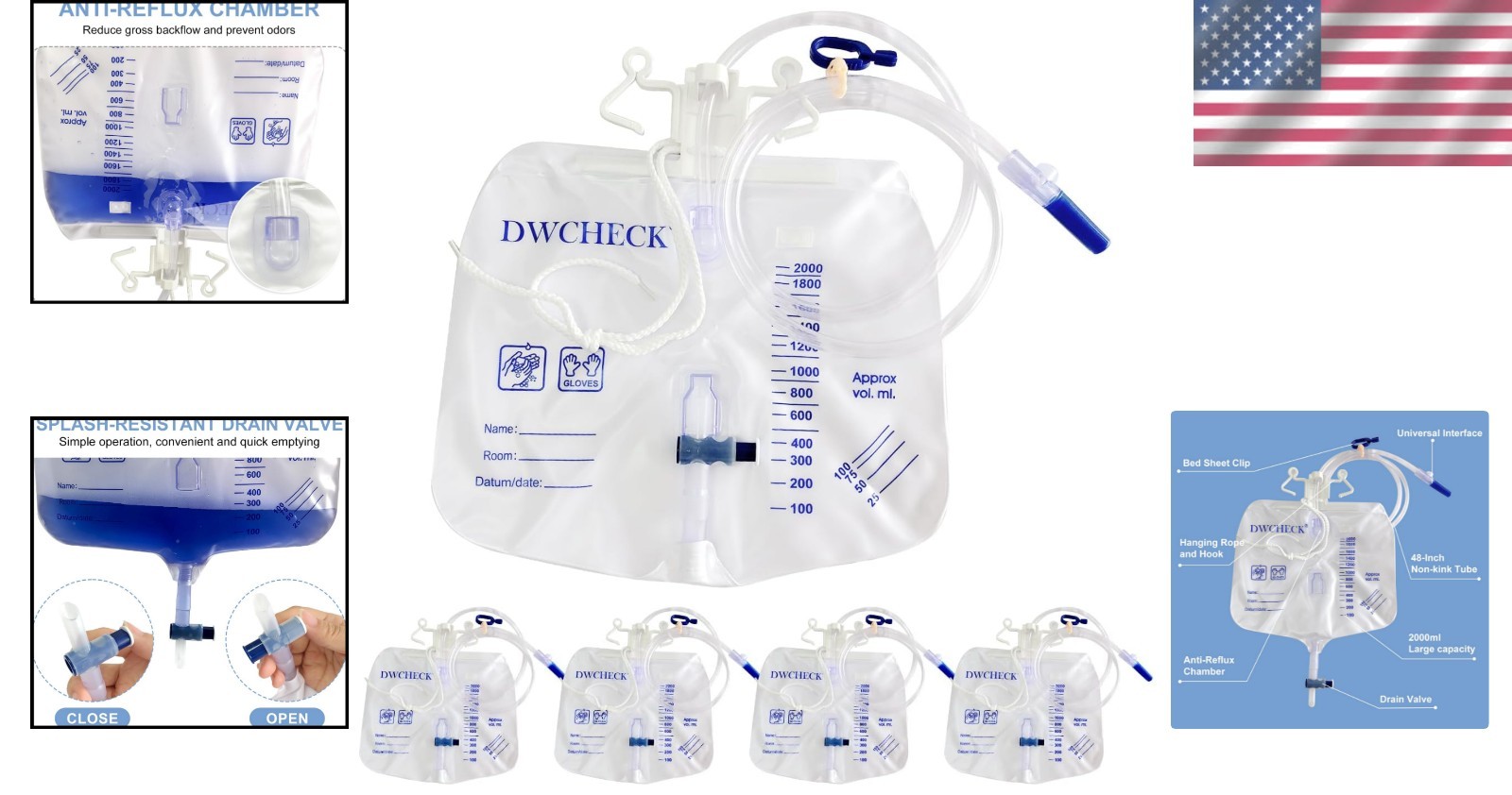 Convenient 5 Pack 2000mL Disposable Urine Bags with 48″ Kink-Resistant Tube
