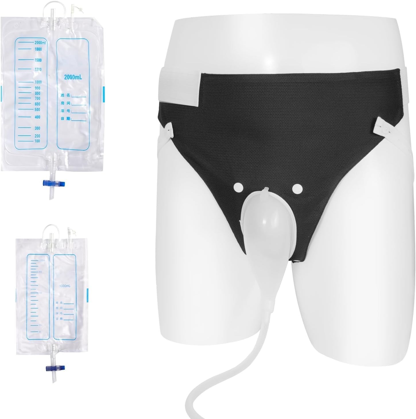 Wearable Urinal Bag for Adult Men, Reusable Portable 2000ML+1000ML Black Elderly