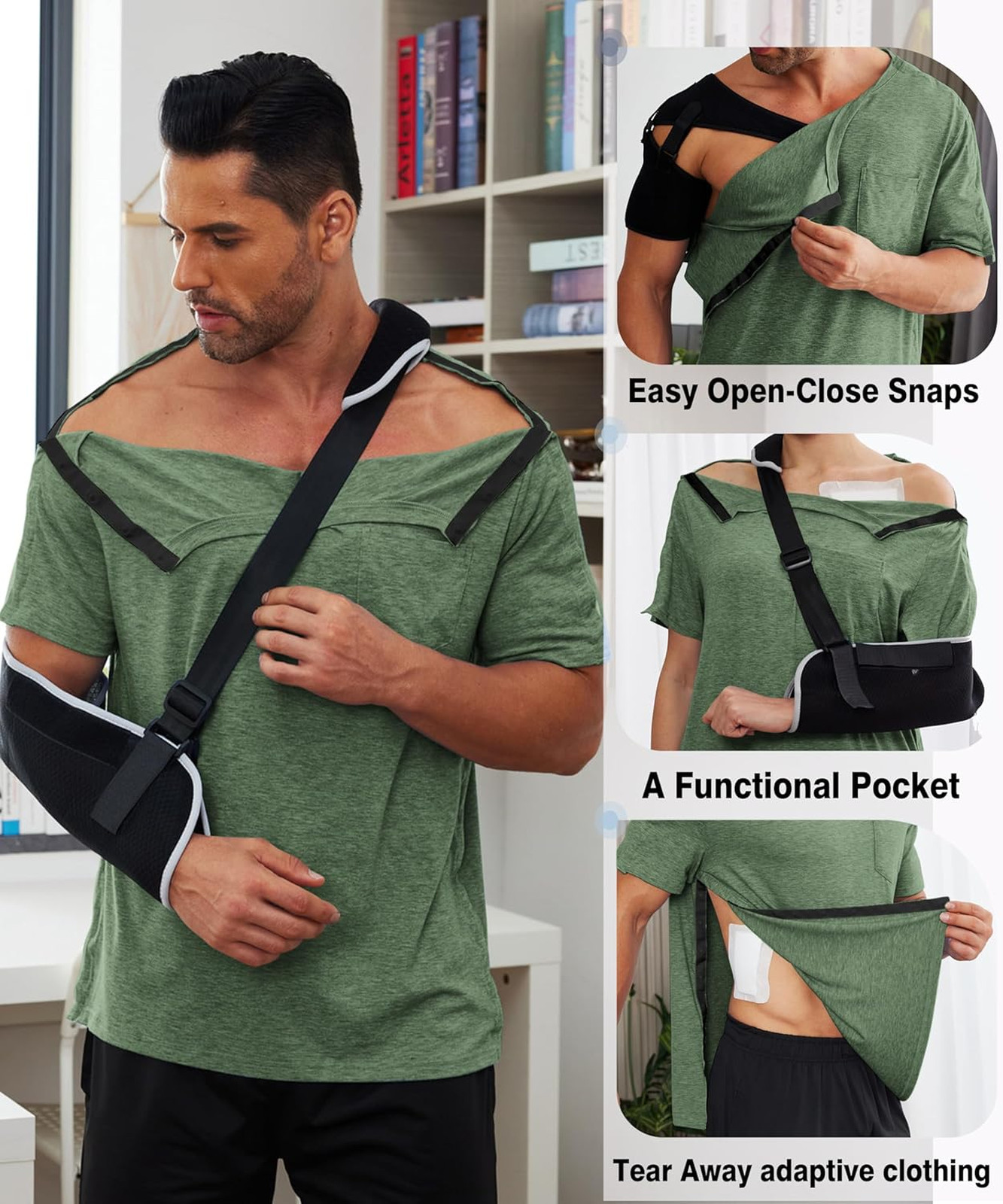 Men’s Shoulder Surgery Recovery Shirt Short Sleeve Tear Away Full Open Side Snap