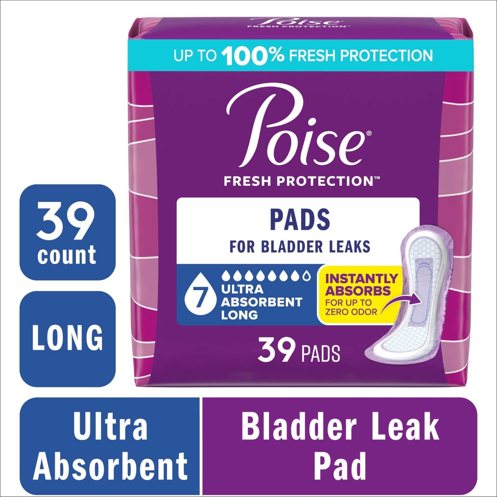 Poise Ultra Absorbency Long Incontinence Pads for Women, 39 Count