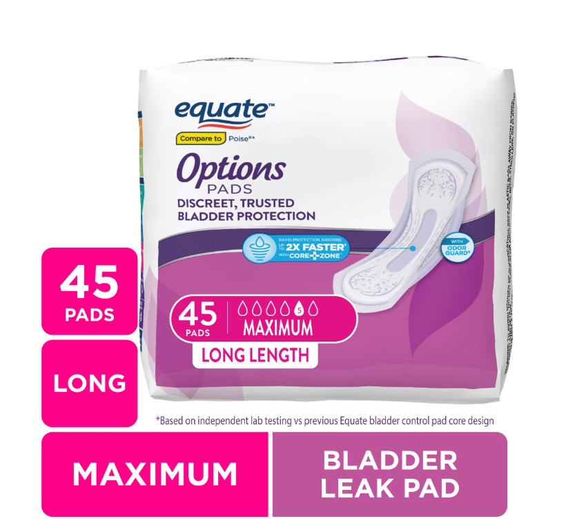 Equate Options Incontinence Pads for Women, Maximum, Long, 45/72/144 Count