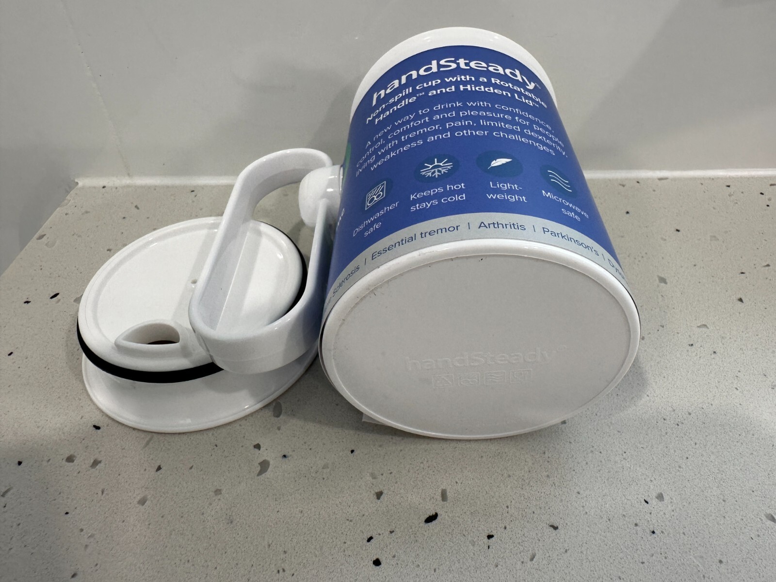 handSteady Non-Spill Cup Mug, Rotatable Handle + Lid 250ml Mobility Support NEW