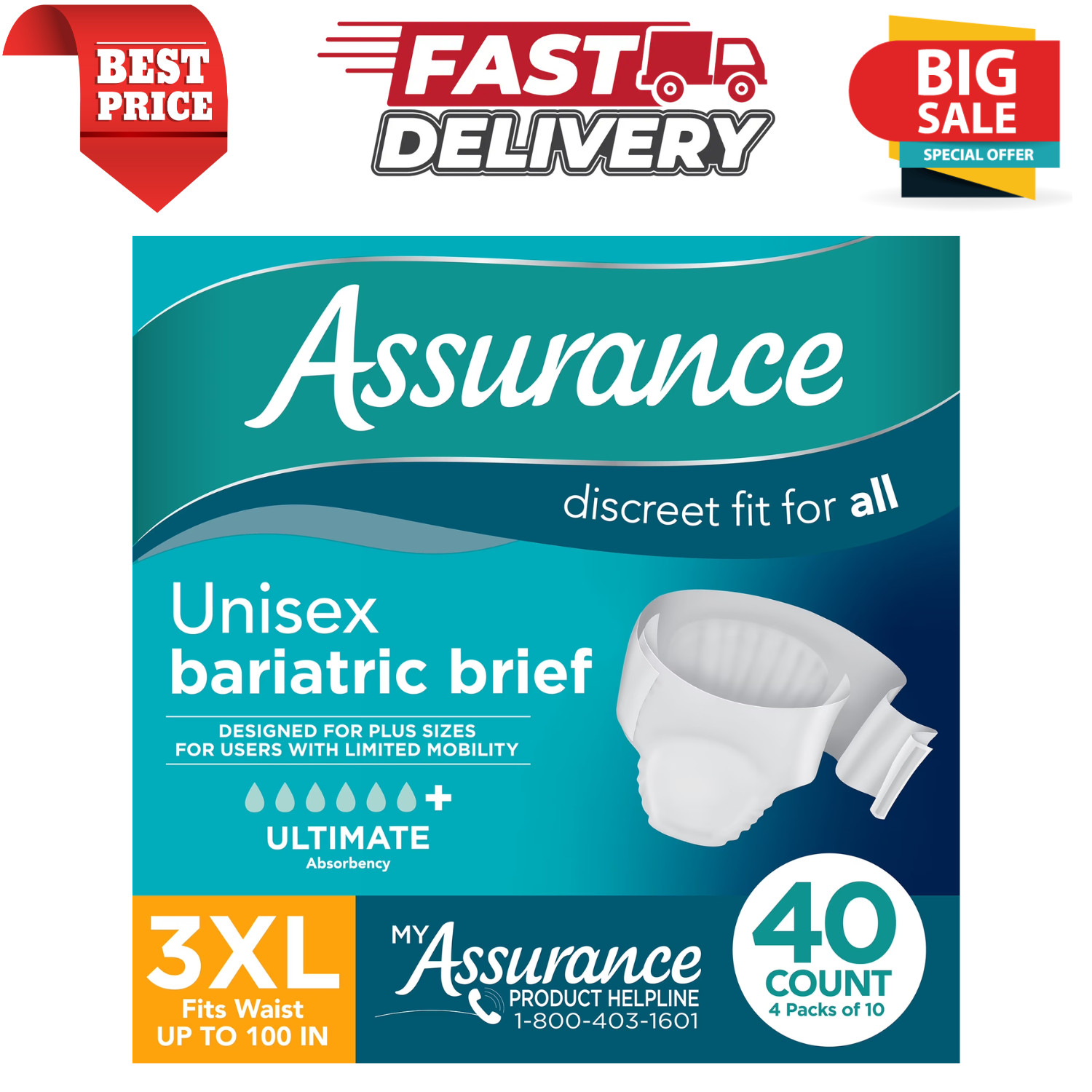 Assurance Unisex Maximum Incontinence Briefs with Tabs, Bariatric 40 Count