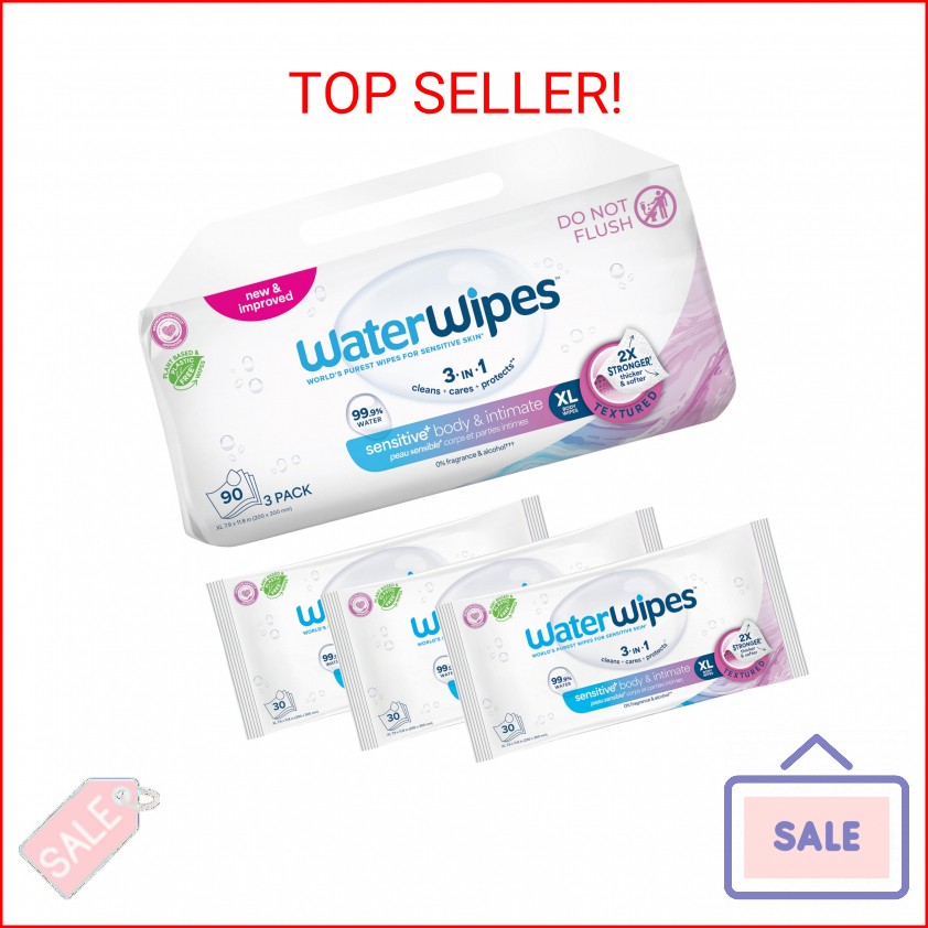 WaterWipes Sensitive Whole Body Cleansing Wipes, 99.9% Purified Water, XL Textur