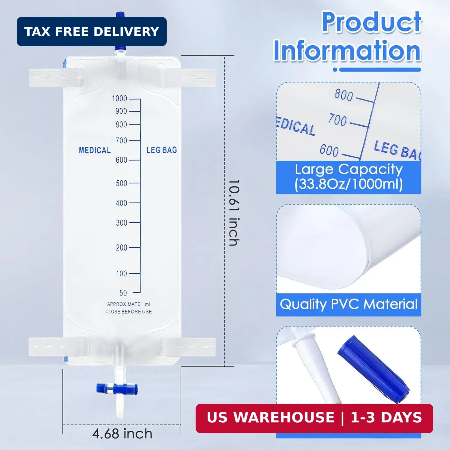3 Pack 33.8oz/1000ml Leg Bag Urinary Drainage Bag with Cloth Straps, Leg Cathete