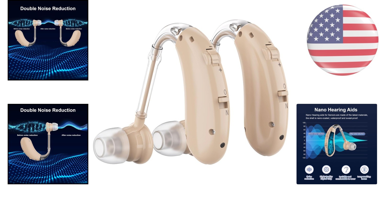In-Ear Rechargeable Hearing Amplifier with Active Noise Cancellation for Adults