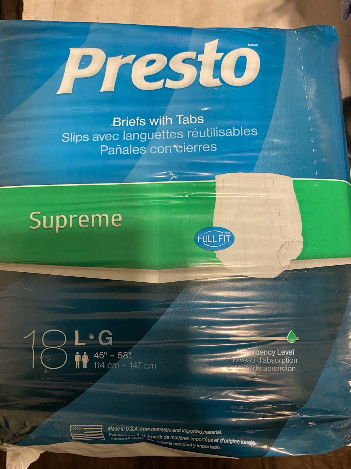 Presto Supreme Unisex Incontinence Briefs w/ Tabs, Size L, 18 ct