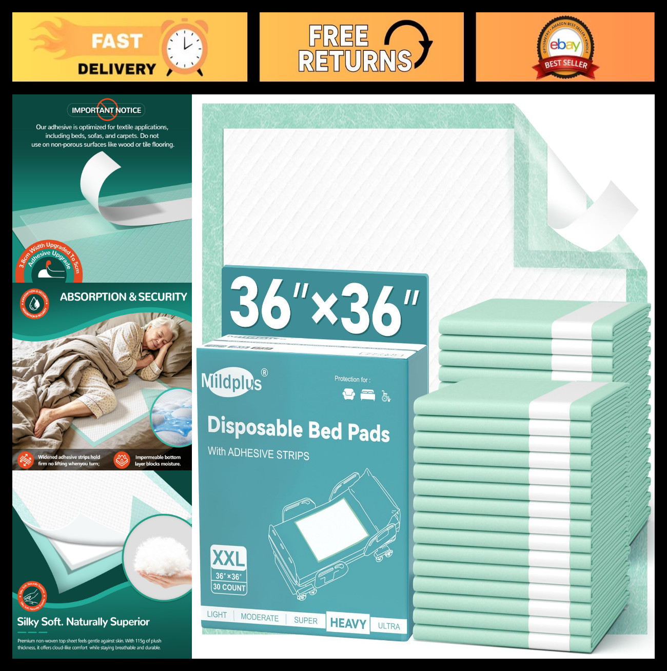 Extra Large Disposable Bed Pads 36″x36″ – 30 Count Incontinence Underpads with A
