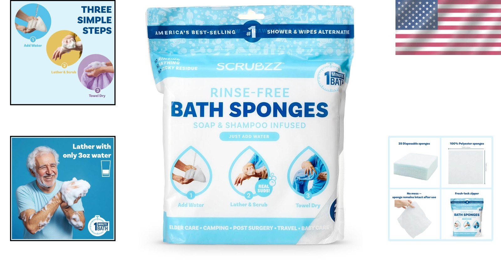 Water-Activated Rinse-Free Bathing Wipes – Hypoallergenic, Unscented – 25 Count