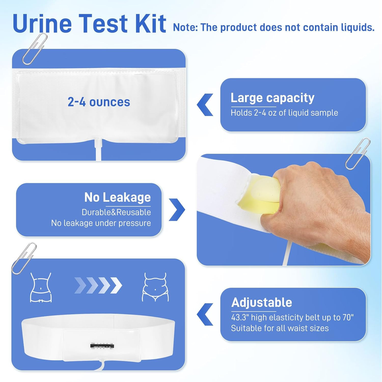Urine Test Complete Kit – 2 to 4 oz Concealed Sample Bag with Adjustable Belt, T