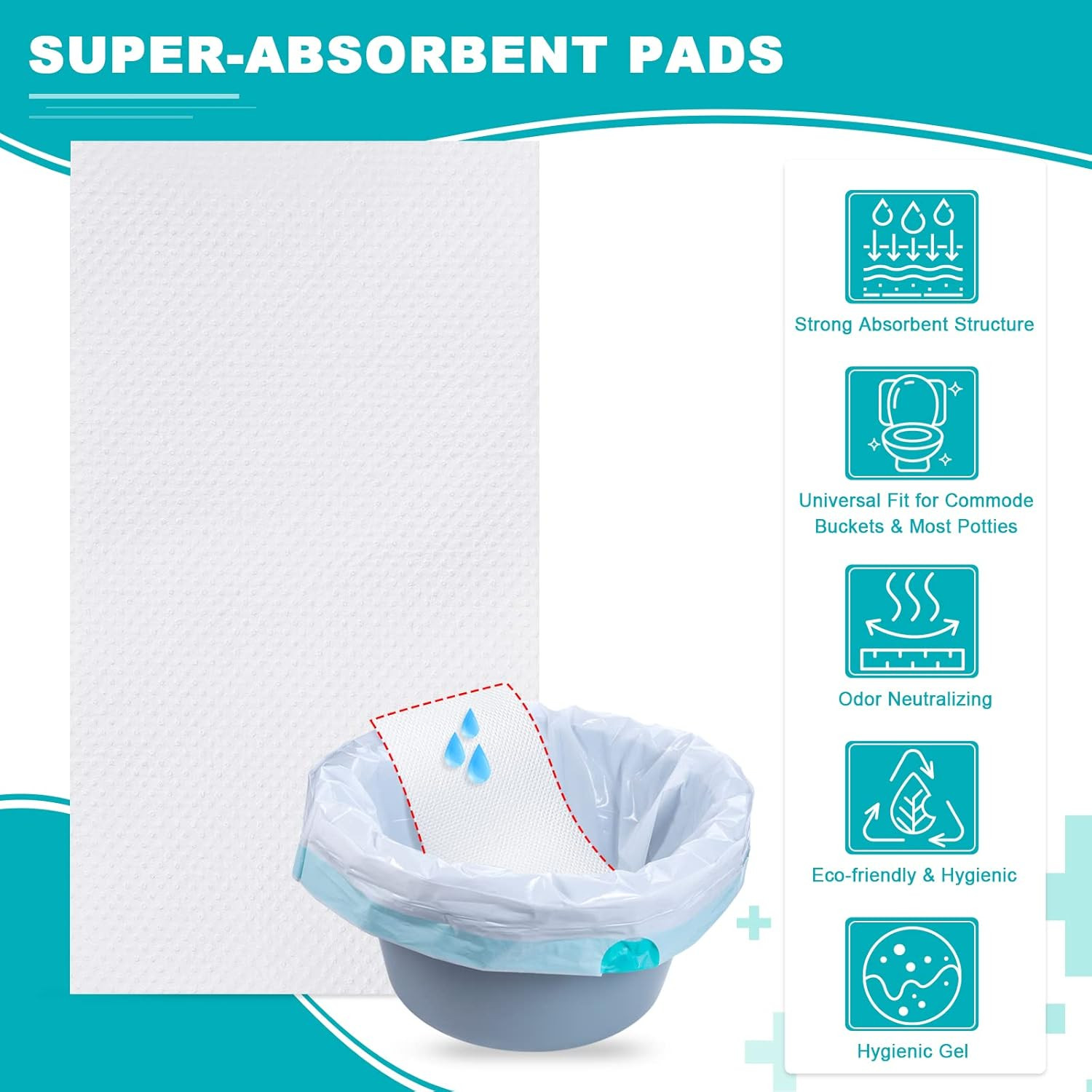 90 Count Absorbent Commode Pads for Bedside Commode Bucket, Commode Liners Pads
