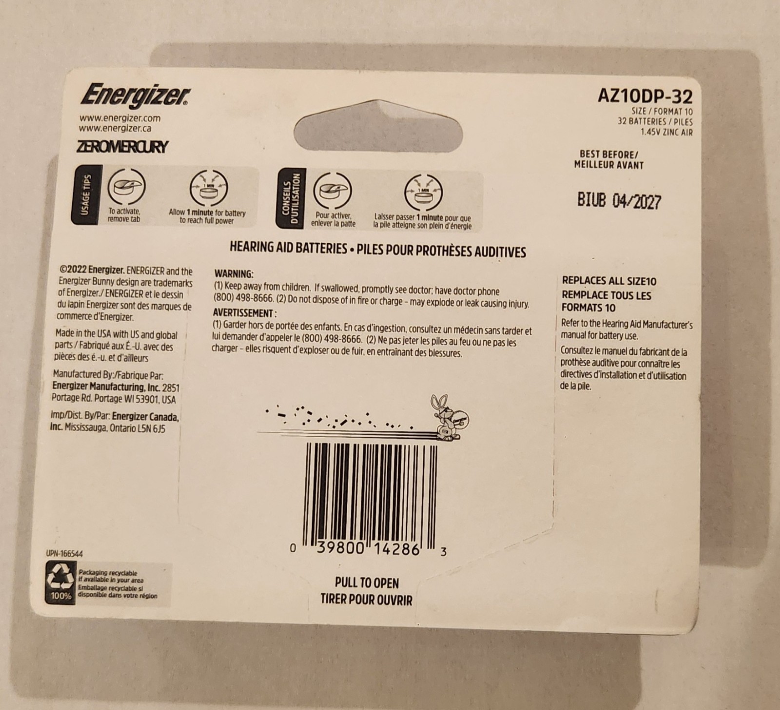Energizer Hearing Aid Batteries Size 10 Yellow Tab 32 Pack Lot Of 2 Exp 04/27
