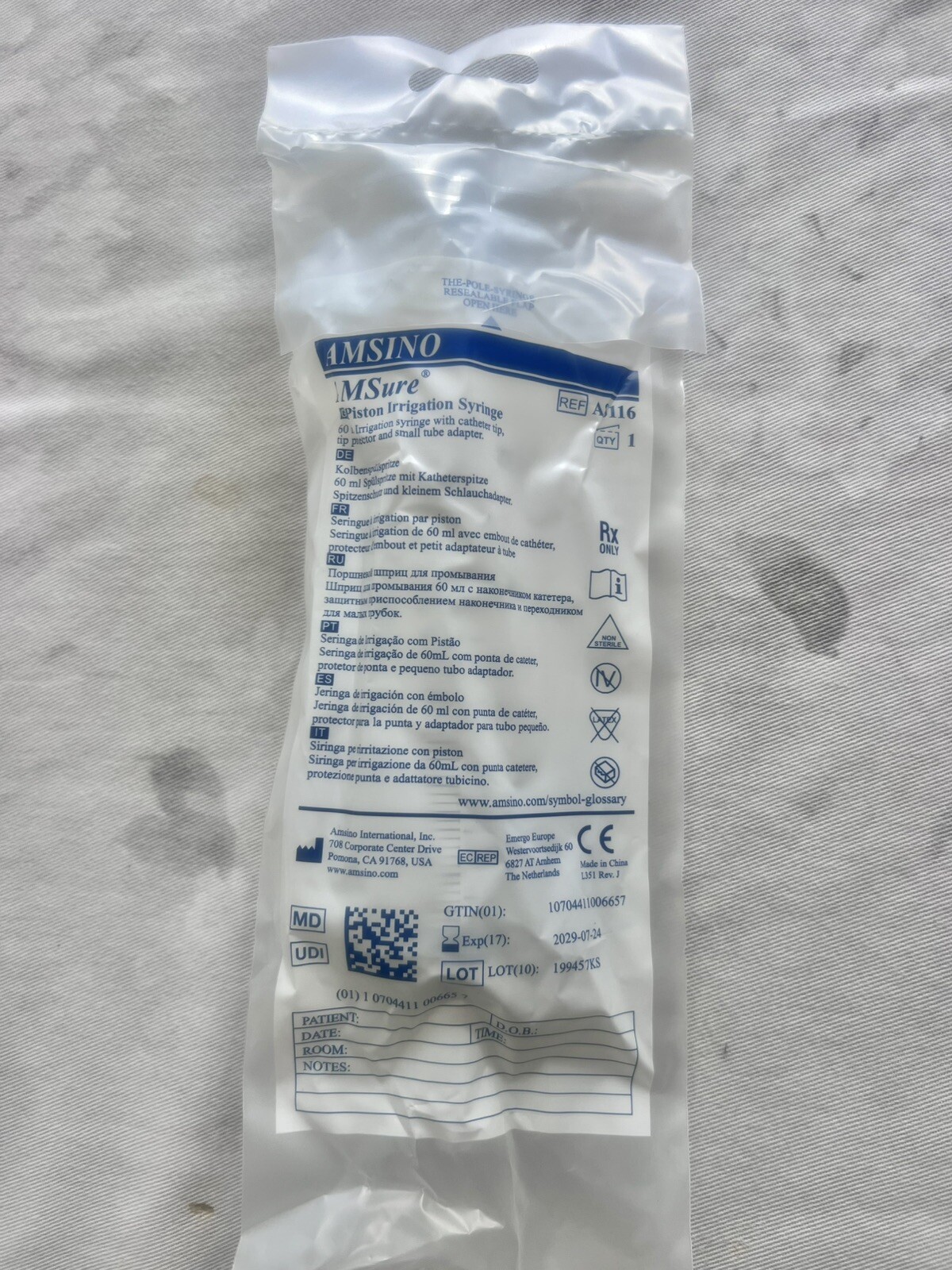 AMSure Piston Irrigation Syringes with Catheter Tip and Protector(Case of 30)NIB