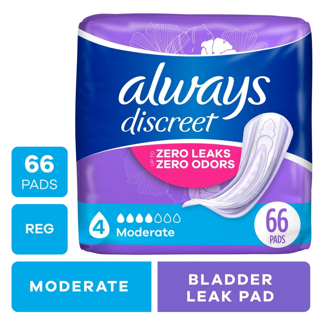 Incontinence Pads for Moderate Bladder Leakage, Regular Length, 66 Count Pack
