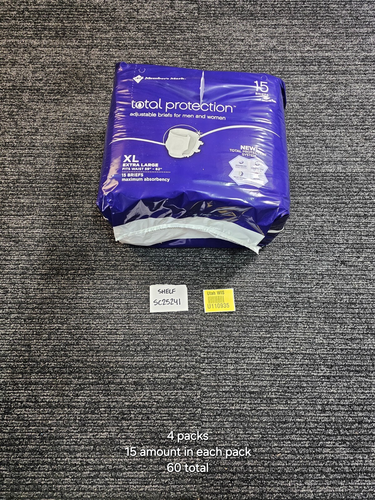 (QTY 60) Member’s Mark Total Protection, Adjustable Briefs For Men And Women XL