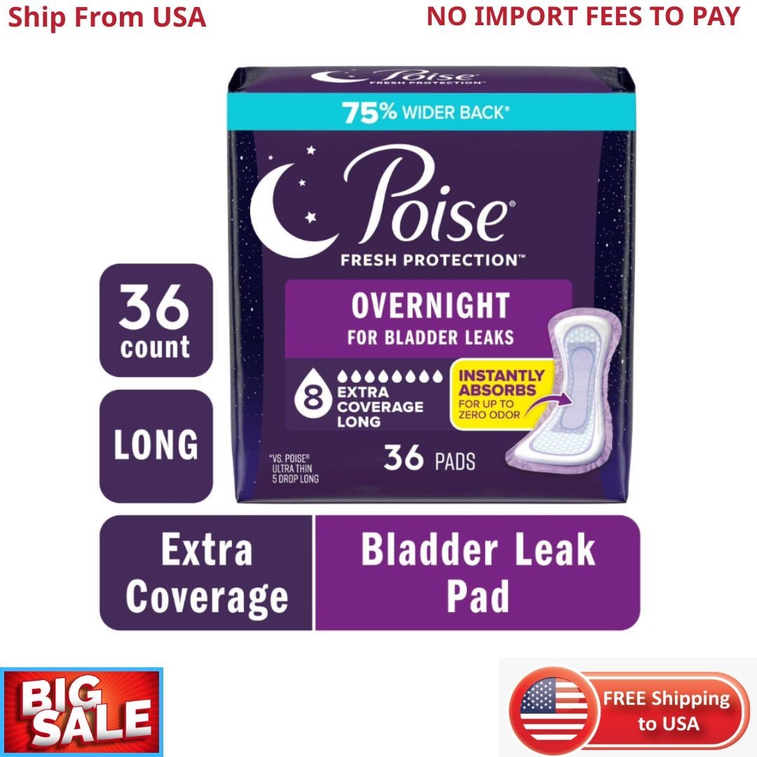 Poise Overnight Incontinence & Postpartum Pads for Bladder Leaks, 8 Drop Extra