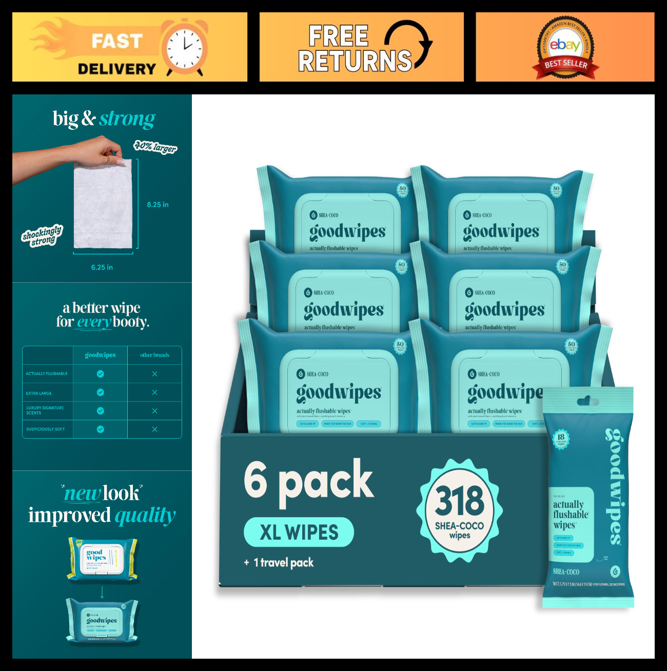 Flushable Adult Wipes – Shea-Coco Butt Wipes, Septic Safe, Extra Large, 318 Coun