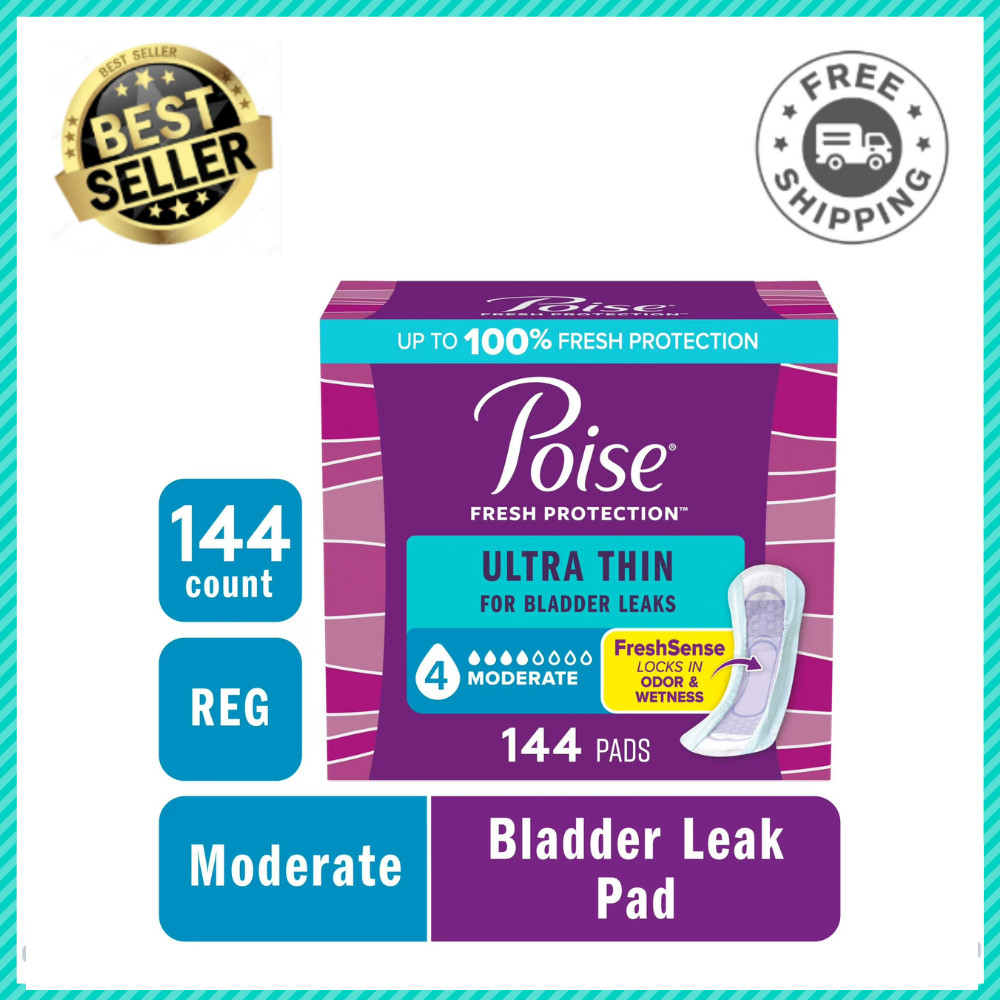 Poise Ultra Thin Incontinence Pads, Moderate 4 Drop, Regular Length, 144 Count