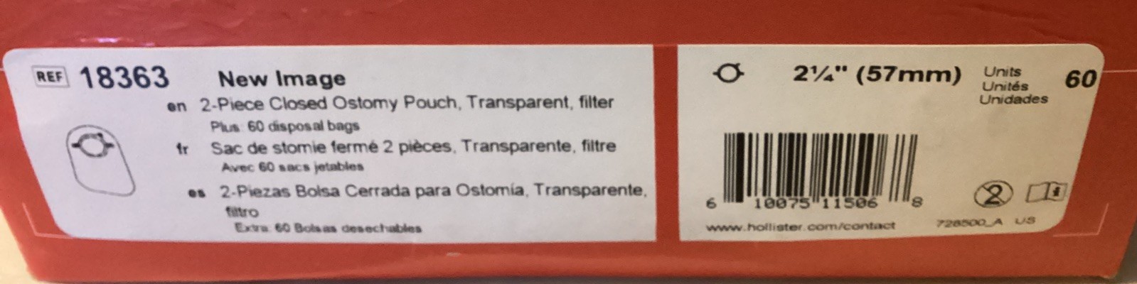 Box of 60 Hollister New Image 2 pc Closed Ostomy Pouch 18363 Transparent 2 1/4″