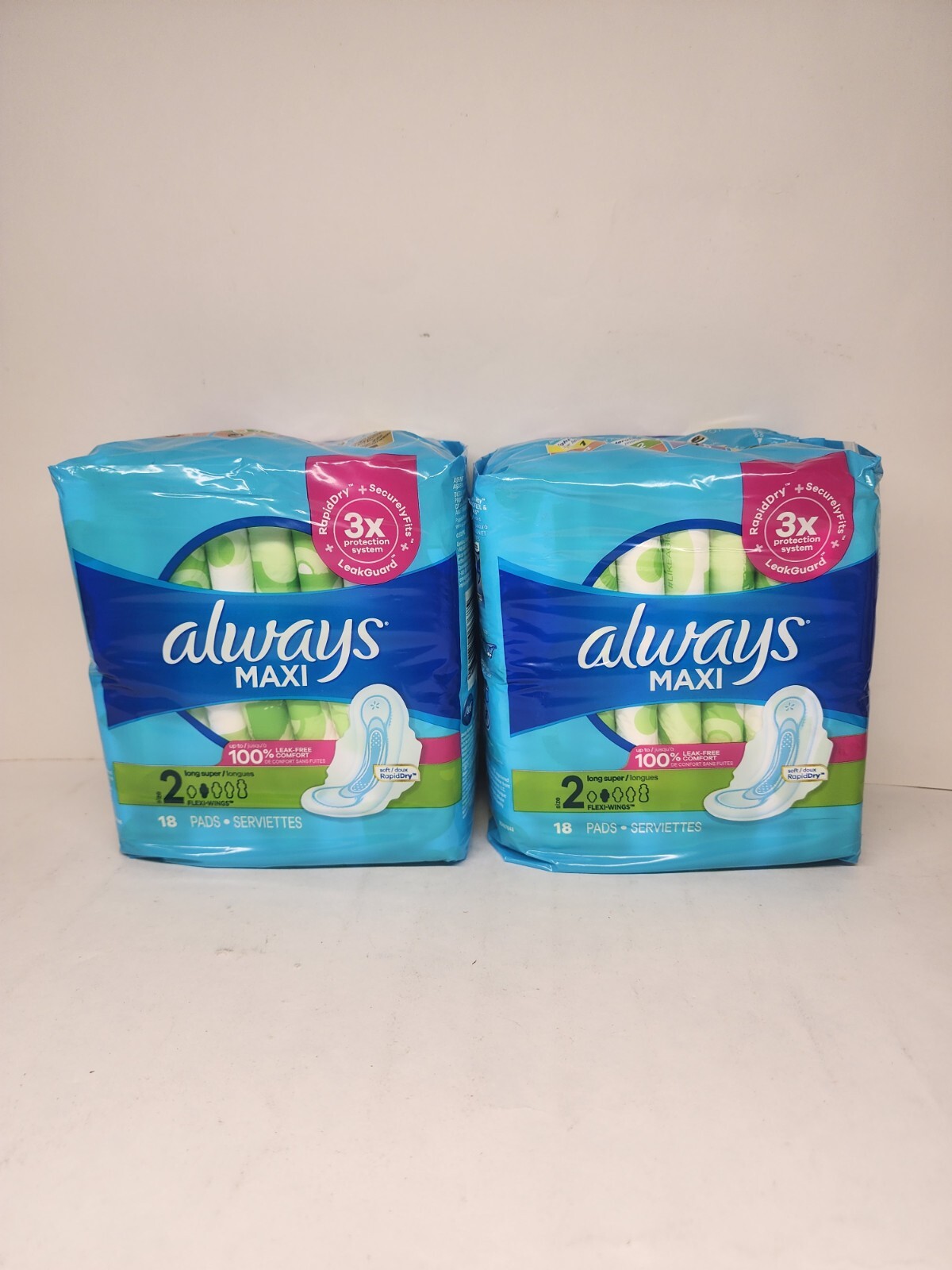 Always Maxi Pads Size 2, Long, Super Absorbency, with Wings, 18 ct 2 Pack