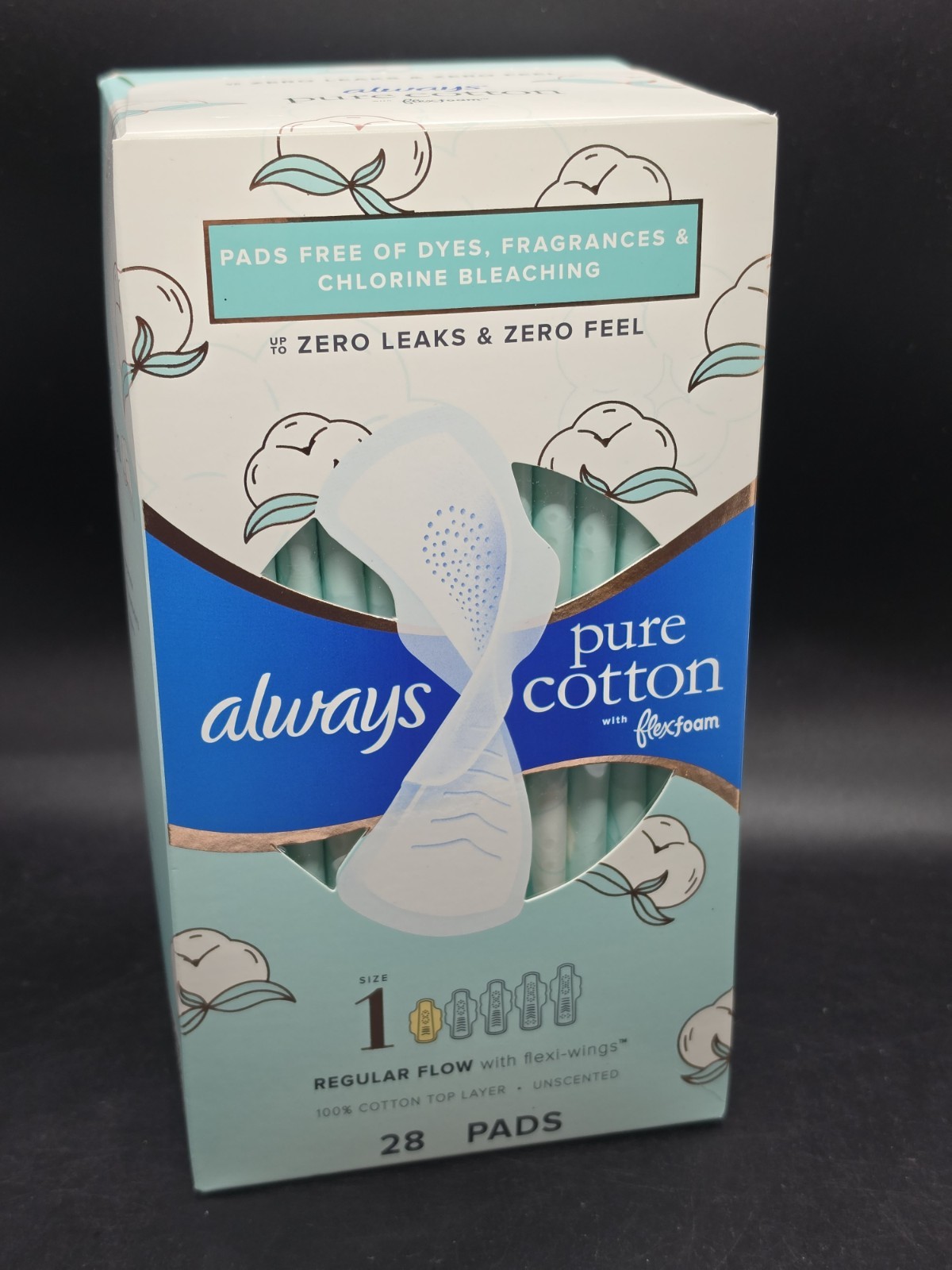 Always Pure Cotton Unscented 100% Cotton Regular Flow Flexi-Wings Pad 28ct Sz. 1
