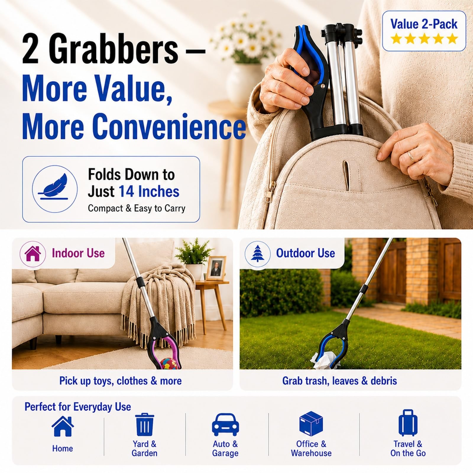 36″ Long Reacher Grabber Tool 2-Pack – Anti-Slip Jaw, 360° Rotating, Magnetic Ti